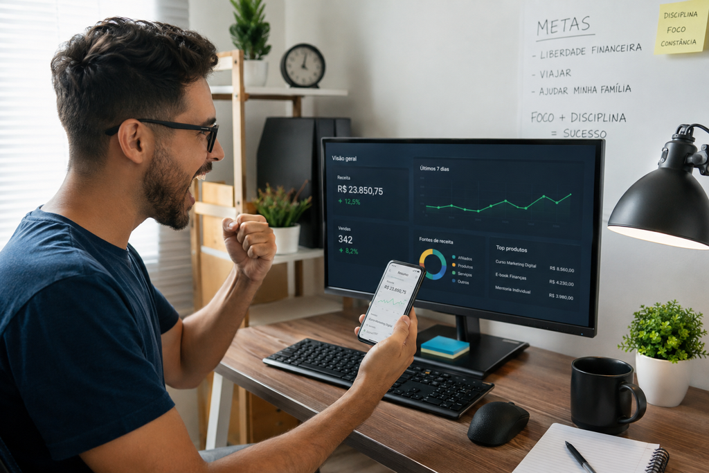 Rapaz celebrando resultados e faturamento financeiro na tela do computador, ilustrando o processo de como fazer dinheiro pela internet.